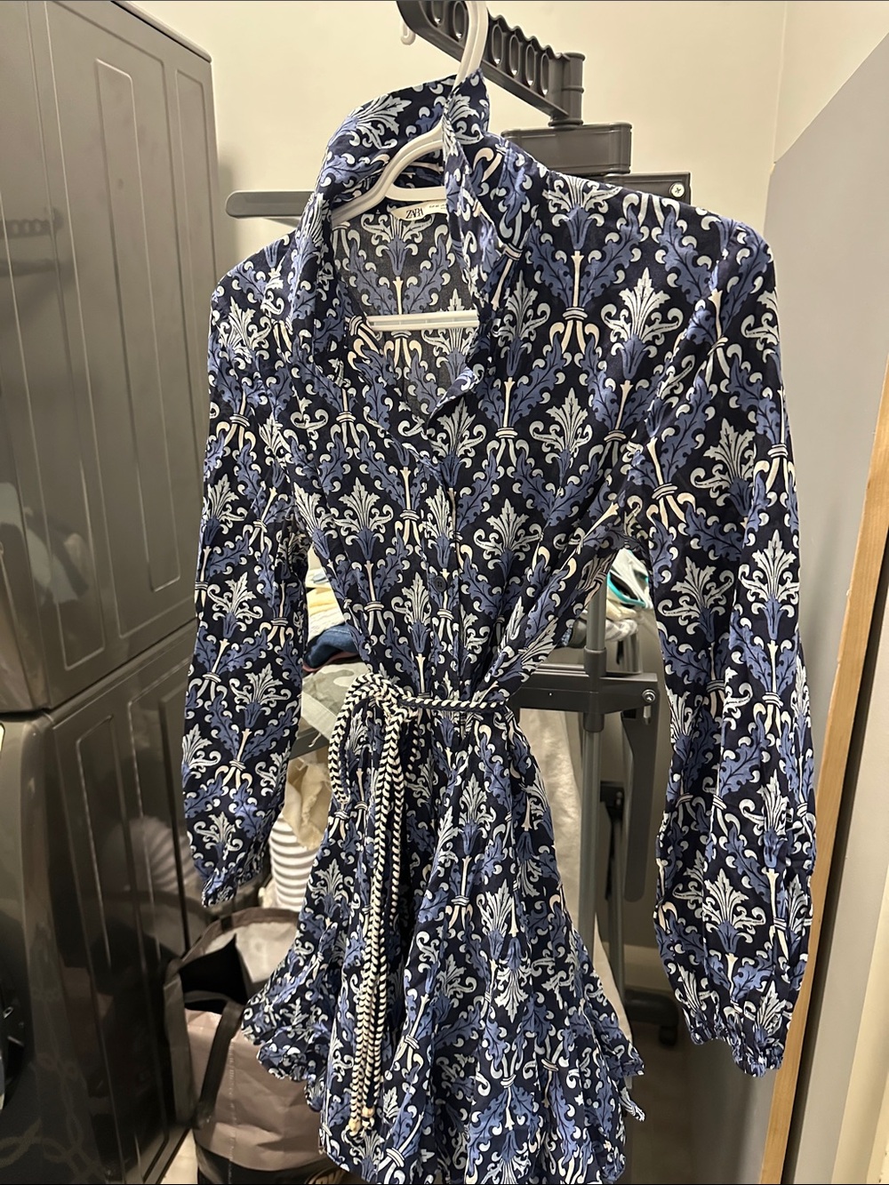 Zara Navy and White Long Sleeve Printed Wrap Dress